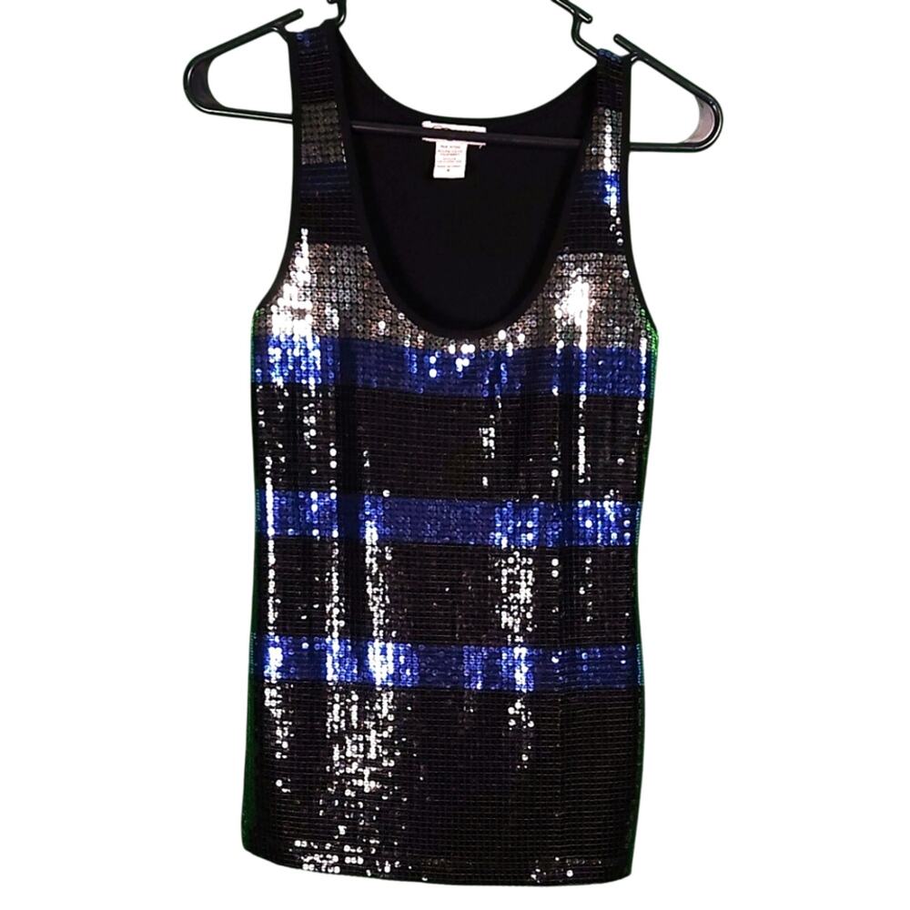 Six Degrees Sequined tank blouse Black Blue/Silver Sz. Small